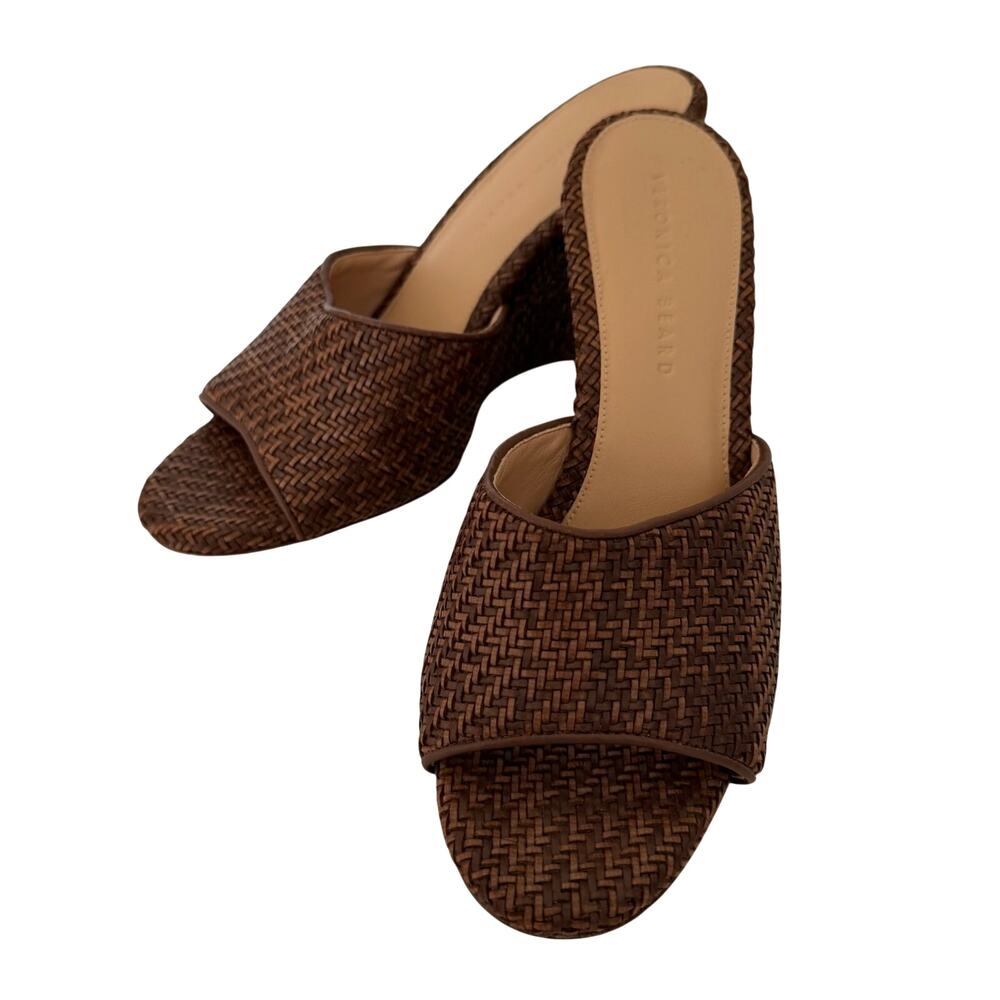 Veronica Beard (9) Woven Raffia Wedge Slide Sandals Brown-Quiet Luxury, Designer